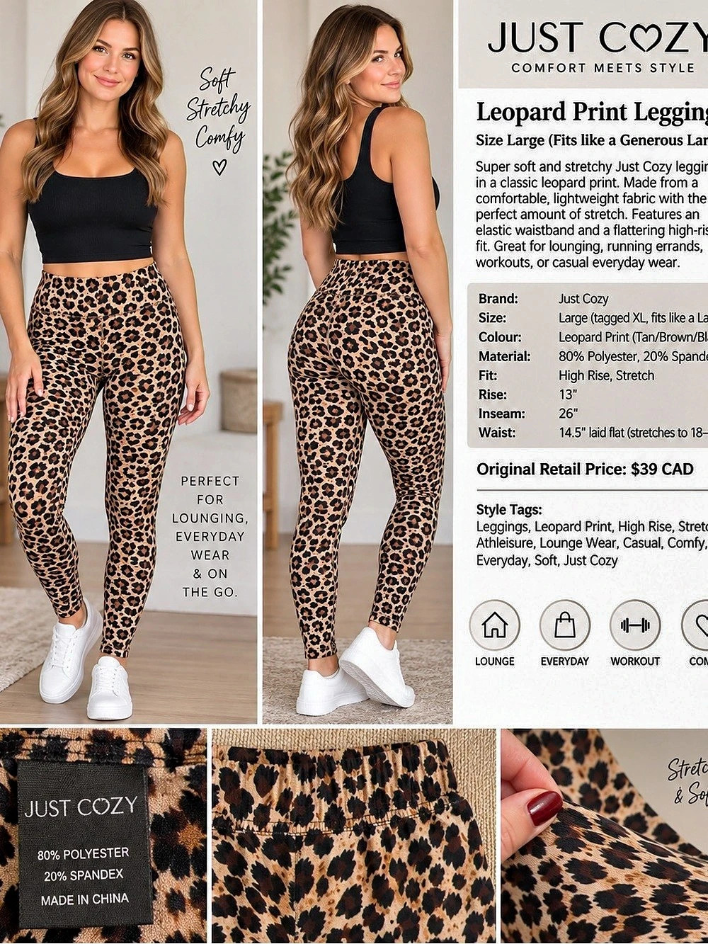 Just Cozy Leopard Print Leggings Brown & Black Large Like New